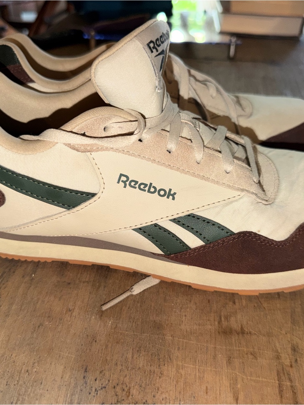 Reebok Beige Sneakers with Green Stripes and Brown Suede